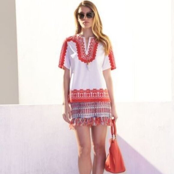 Tory Burch Isla tunic red white embroidered cotton top XS 4 - Picture 5 of 12